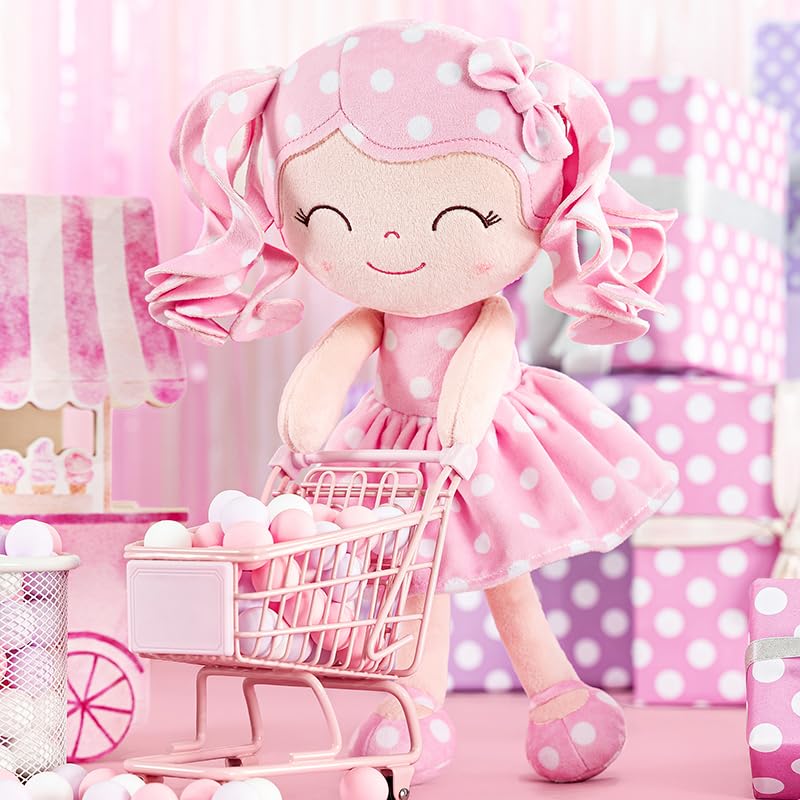 Gloveleya Doll Baby Dolls Plush Baby Doll My First Baby Doll Rag Doll Soft Doll Baby Girl Gifts Curly Hair Purple Pink Polka Dots Dress 12Inches