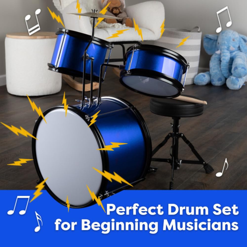 Hey Play Kids 3-Piece Drum Set - Kit With Cymbal, 2 Toms, Bass And Pedal, Drumsticks And Throne - Beginner Musical Instruments (