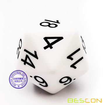 BESCON DICE Jumbo D20 38MM Solid White Dice - Big 20-Sided Game Cube Model BCD 55005
