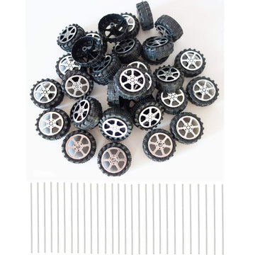 30 Pcs Plastic Roll 2mm Dia Shaft Toys Car Wheel with 15 Pcs Shaft Round Rod Axles for DIY Model Toy RC Car Truck Building Proje