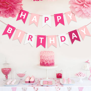 Waenerec Pink Happy Birthday Banner Sign Happy Birthday Bunting Banner Garland For Kids Girls Baby 1St Birthday Tea Party Decorations Bunting Flag Birthday Party Supplies