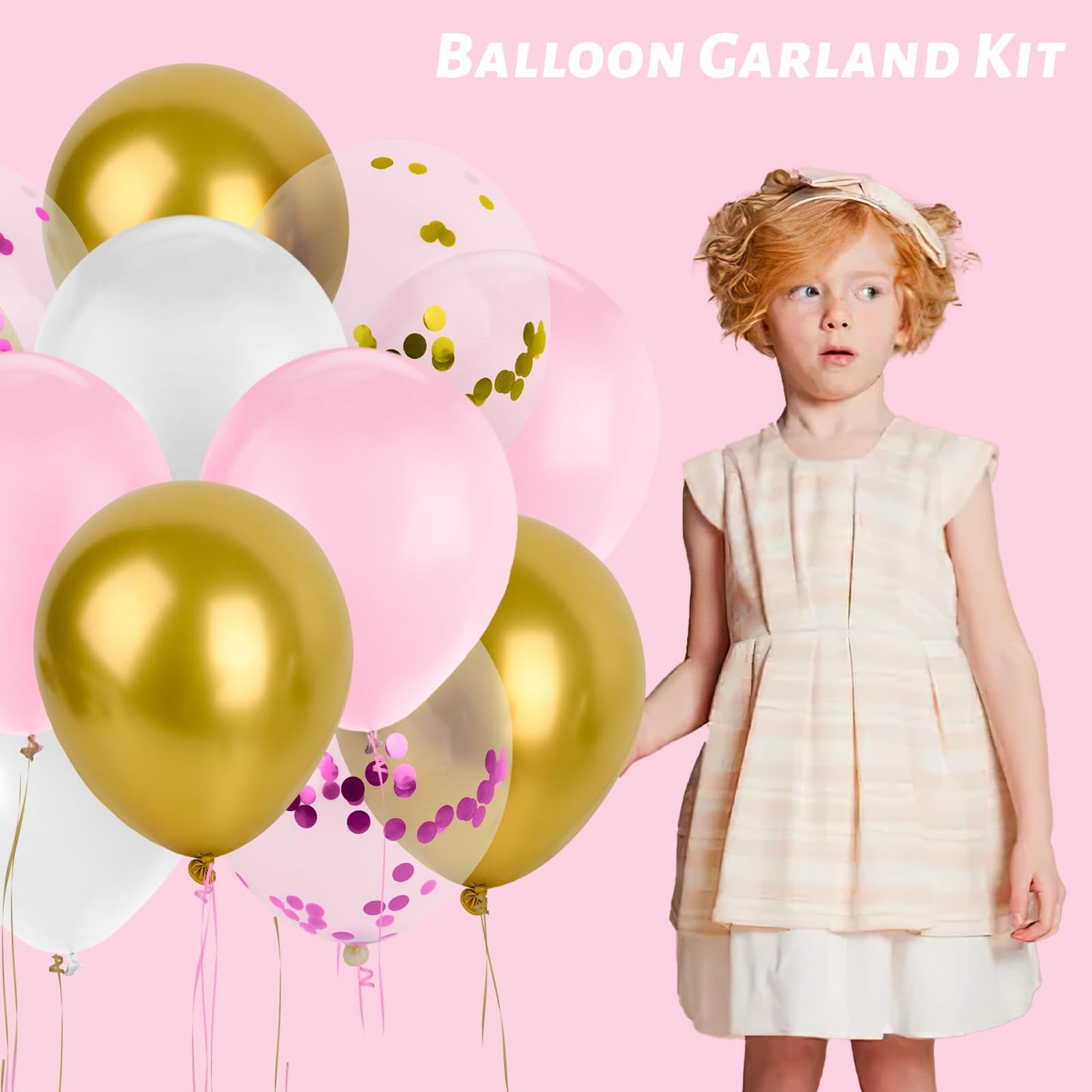 Lovestown 60Pcs Pink Balloons, 12 Inches White Gold Confetti Latex Balloons With Ribbon Thicken For Girls Engagement Birthday Wedding Baby Shower Anniversary Decorations