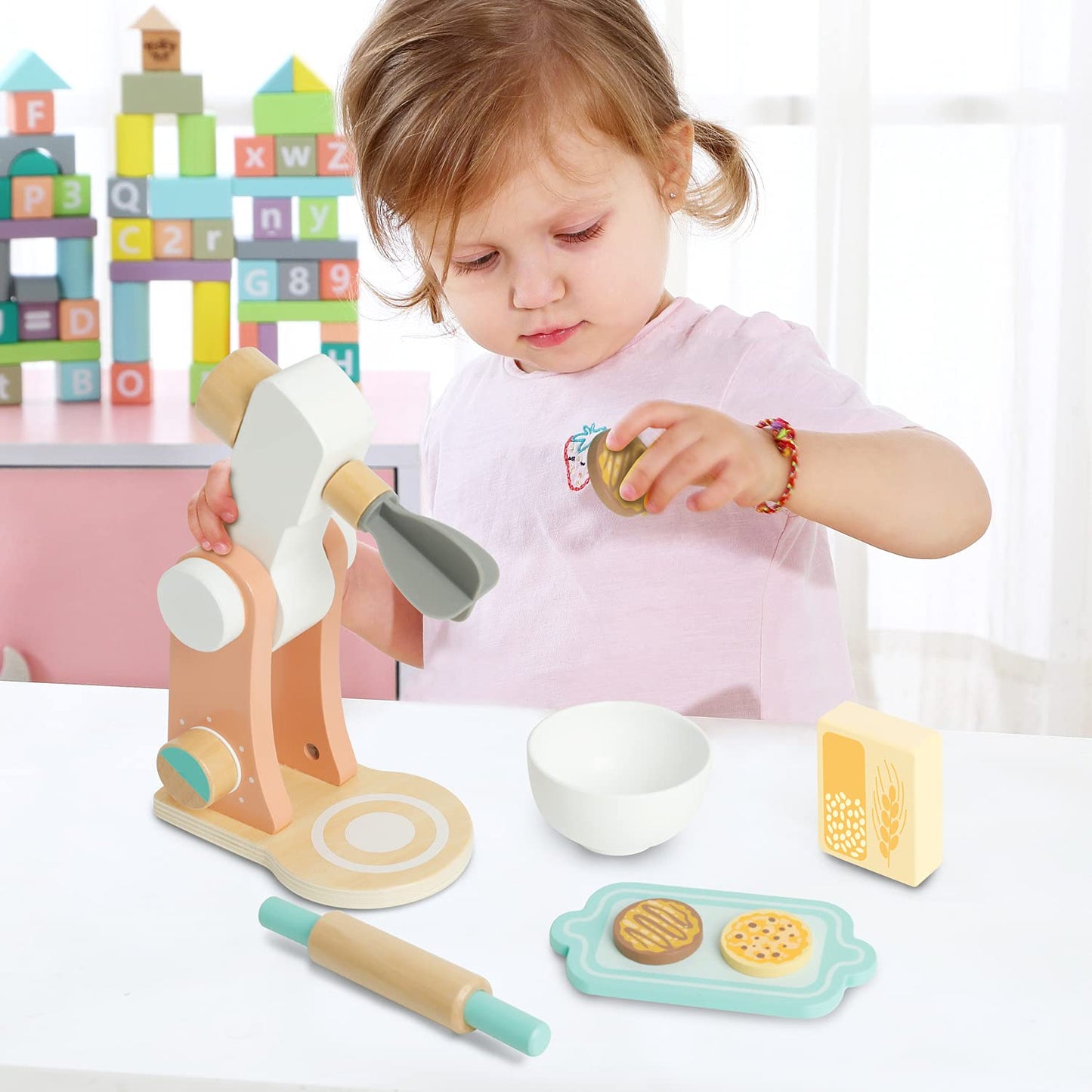 TOOKYLAND Wooden Kitchen Mixer for Kids Age 3 and Up, Wooden Play Kitchen Set with Accessories, Rolling Pin, Tray, Bowl, Biscuit