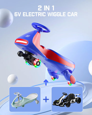 FanttikRide 6V N7 Classic Electric Wiggle Car, Rechargeable, 2-in-1 Swing Car, Bluetooth, Blue, Anti-Rollover, 150 lbs, Ages 3