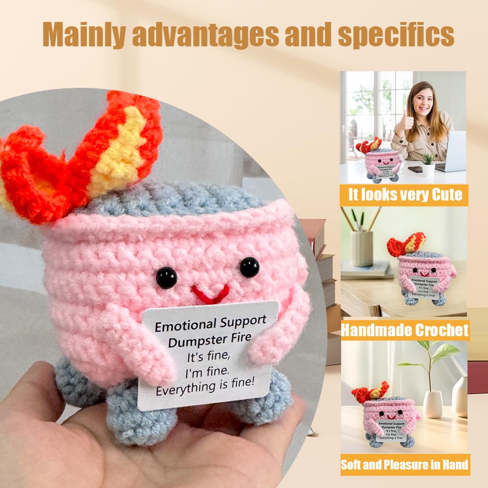 Emotional Support Crochet Dumpster Fire With Positive Card Cute Room Decor Knitted Toys Funny Crochet Support Buddies Gifts For