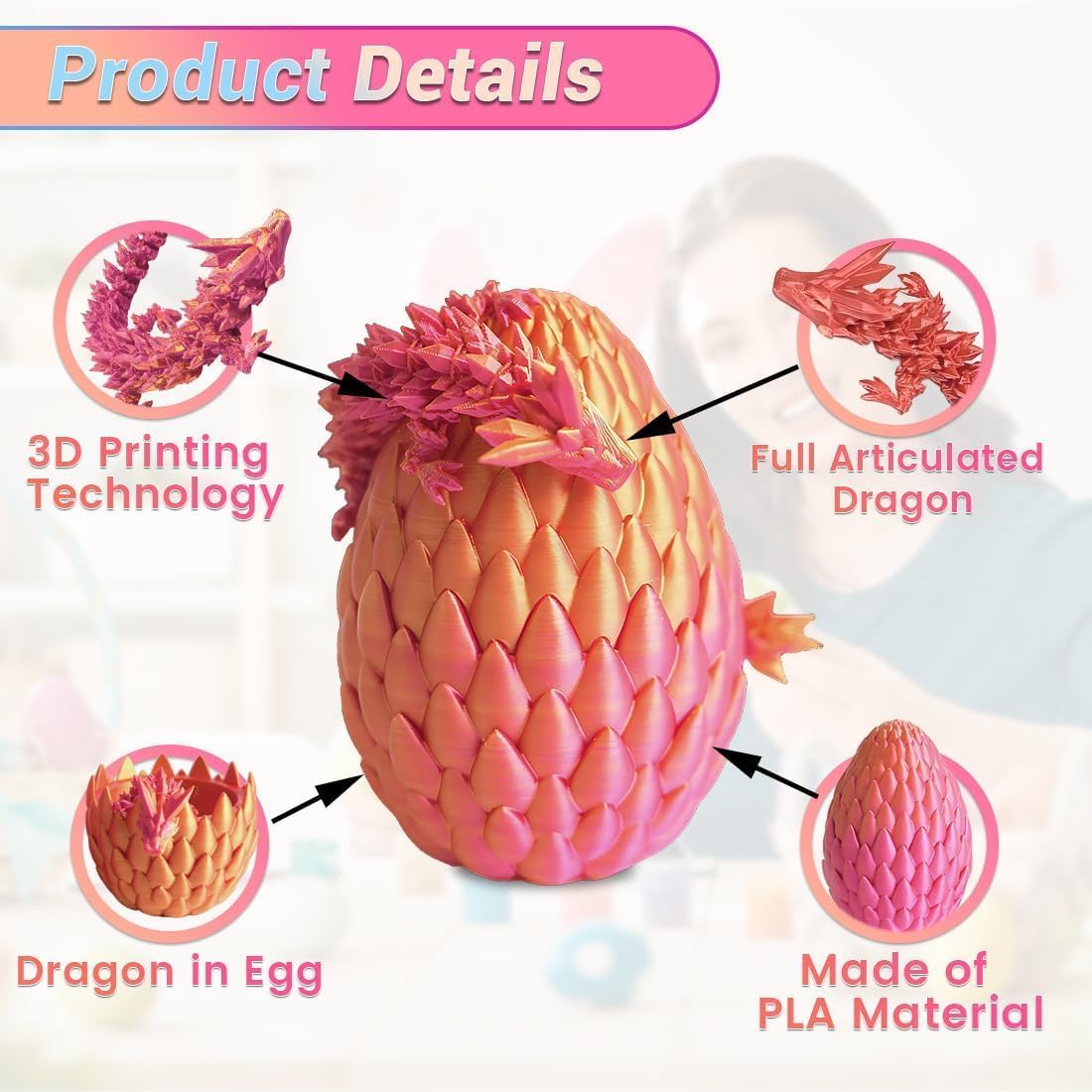 3D Printed Dragon Egg,Easter Egg,3D Printed Articulated Dragon With Dragon Inside,Crystal Dragon Fidget Toy Adults Fidget Toys Mystery Dragon Egg For Autism/Adhd (Rainbowcandy)