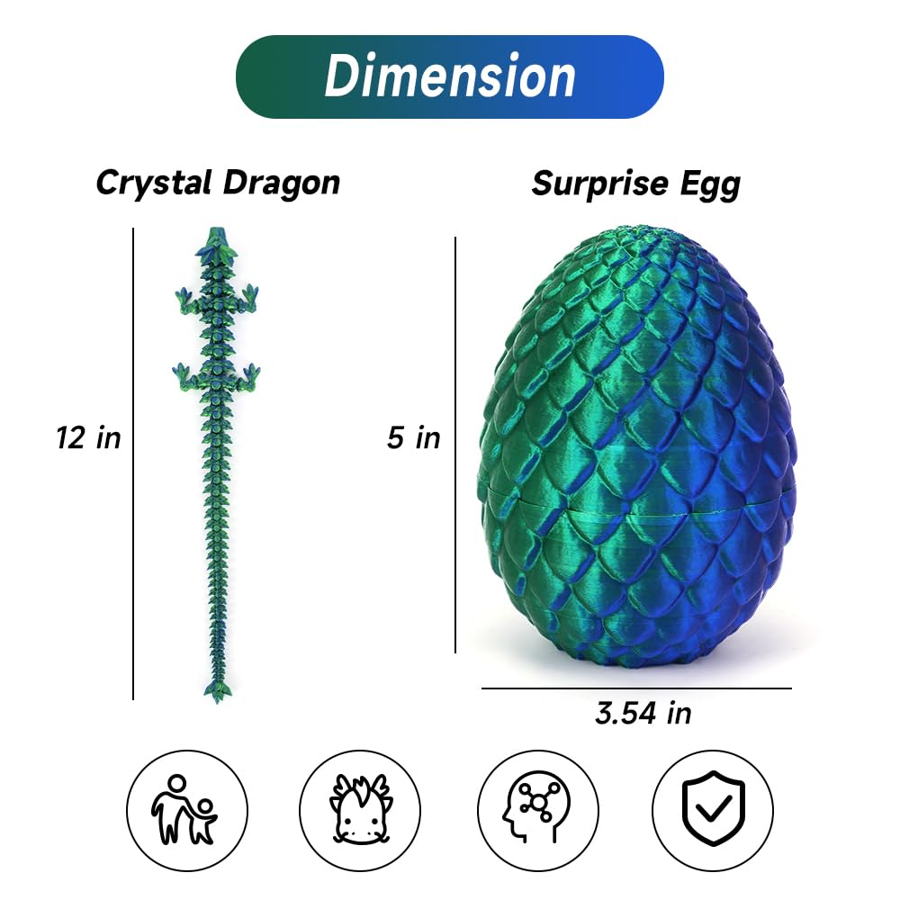 3D Printed Dragon Egg, Mystery Crystal Dragon Egg Fidget Toys Surprise, Easter Eggs Articulated Crystal Dragon Eggs With Dragon Inside (Laser Green)