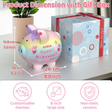Personalized Birthday Gift For Women Girls With Diy Name Stickers, 8'' Large Ceramic Piggy Bank For Kids Girls Boys,Cute Toddle