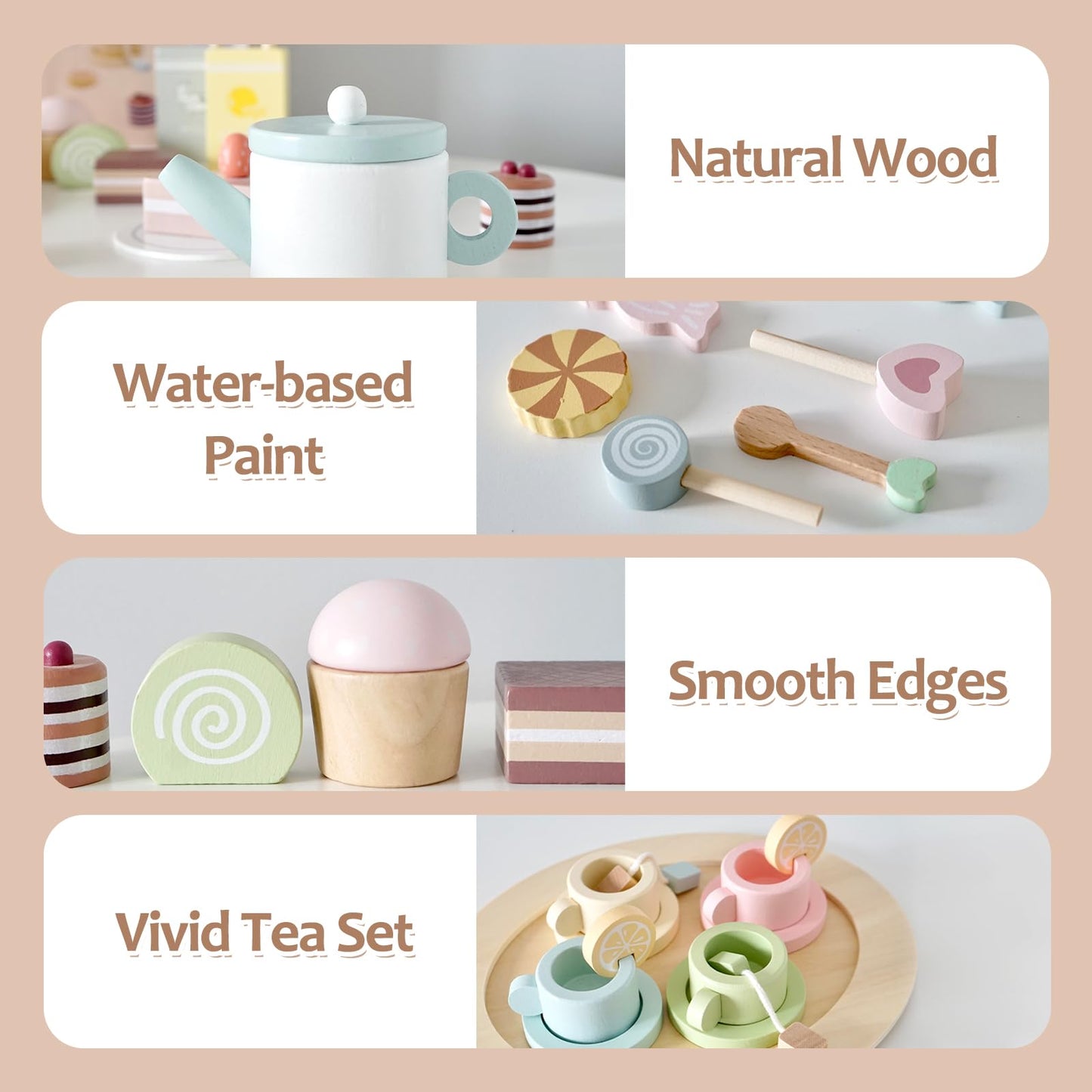 Smartwo Wooden Tea Party Set for Little Girls, 30 PCS Wooden Tea Set for Toddlers 3-5, Pretend Play Kids Wood Tea Set Toy, Play