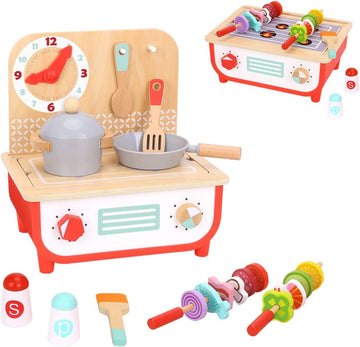 TOOKYLAND Wooden Pretend Cooking Playset - 23pcs - Play Kitchen Toy with Cooktop, Barbecue, Food Items and Accessories, Ages 3+
