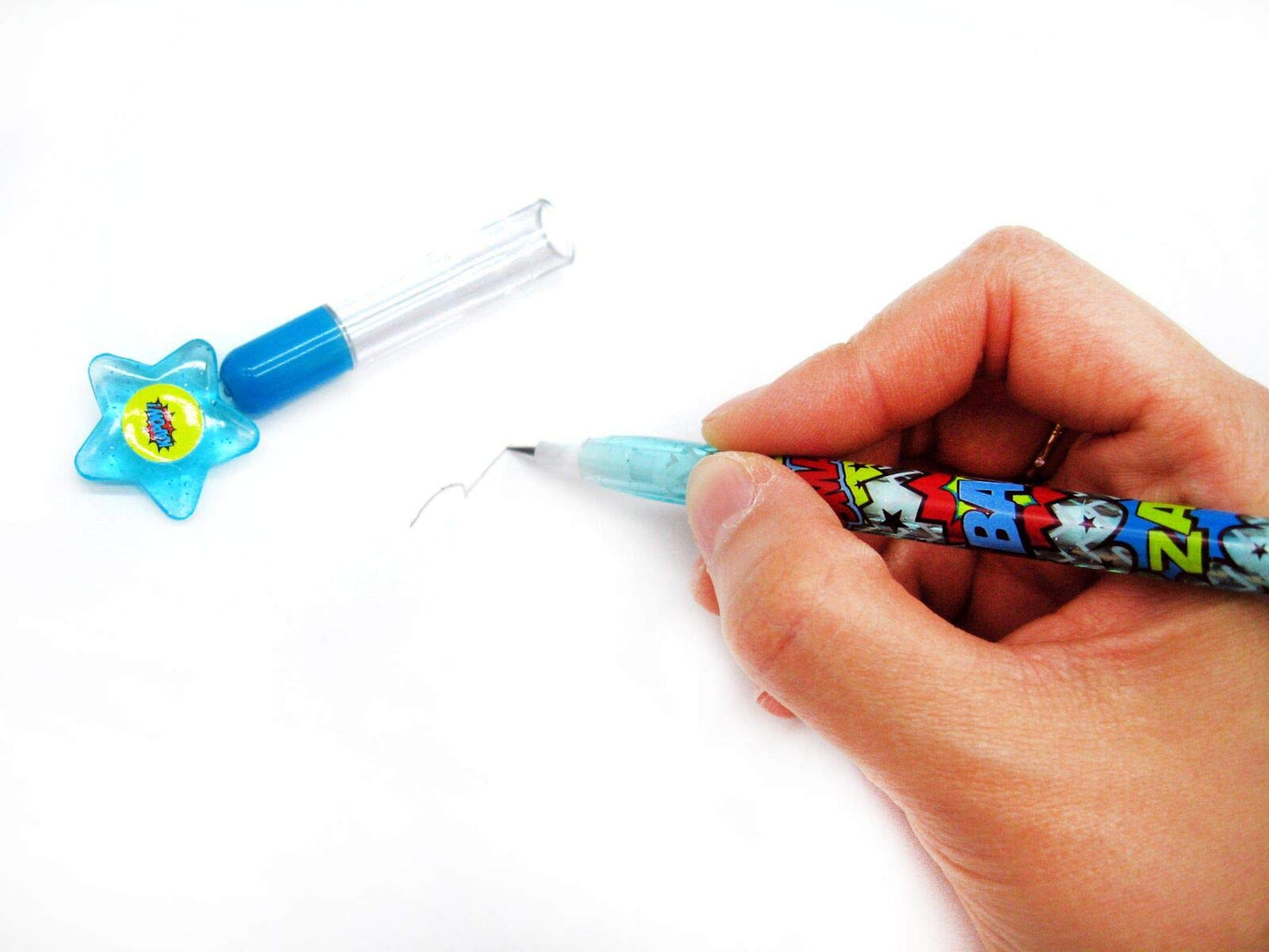 Tiny Mills 24 Pcs Superhero Text Multi Point Stackable Pencil with Eraser for Superhero Birthday Party Favor Prize Carnival Good