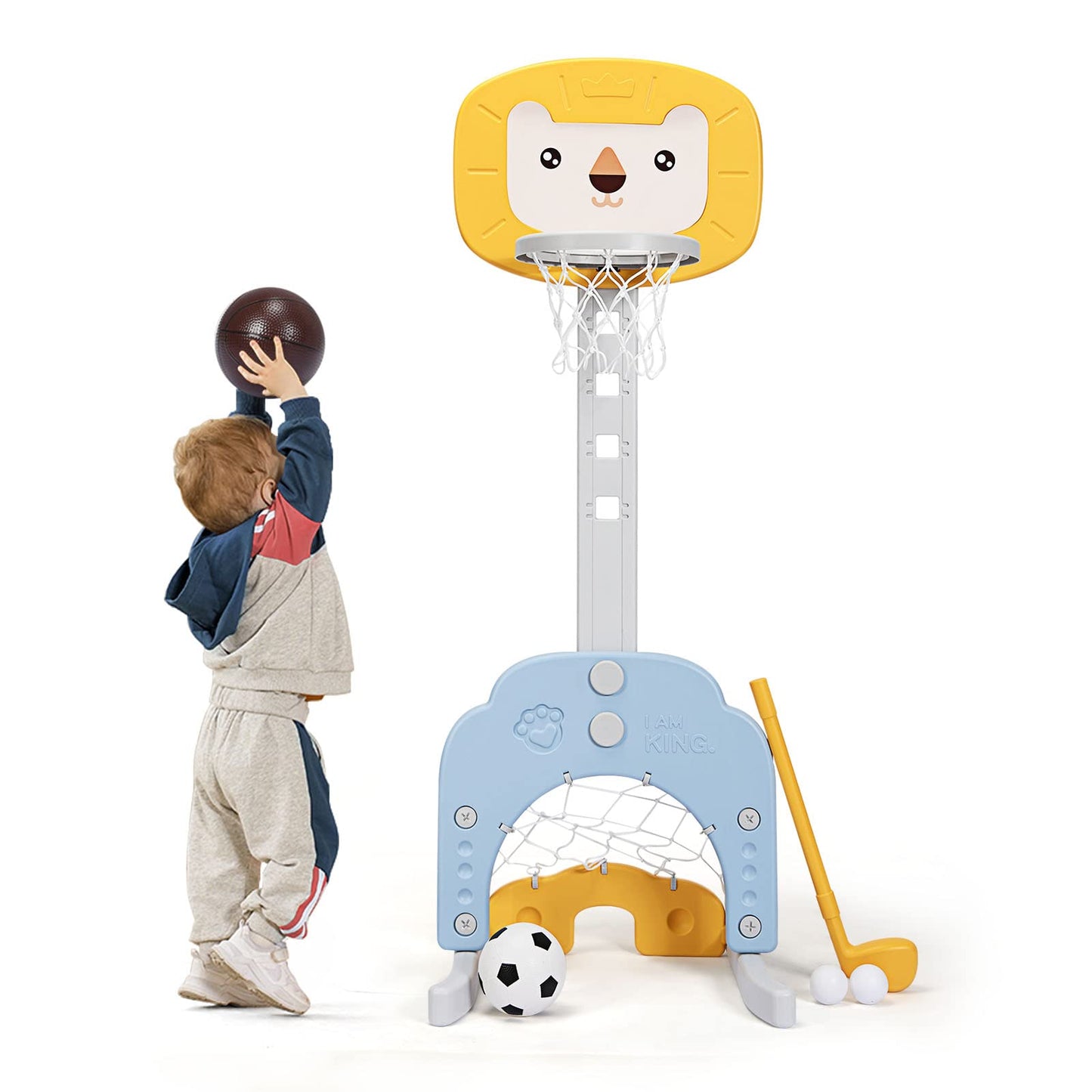 Akustik 3 In 1 Toddlers Basketball Hoop Stand, Adjustable Height Sports Center With Basketball Soccer Golf Game Set, Portable In