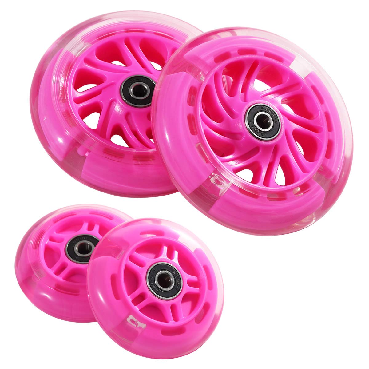 Front 120mm & Rear 80mm Light-Up Flashing 3-Wheeled kid Scooter Replacement Wheels Complete Wheels Set for 3-Wheeled Kid Push Scooter Set of 4 (Pink)