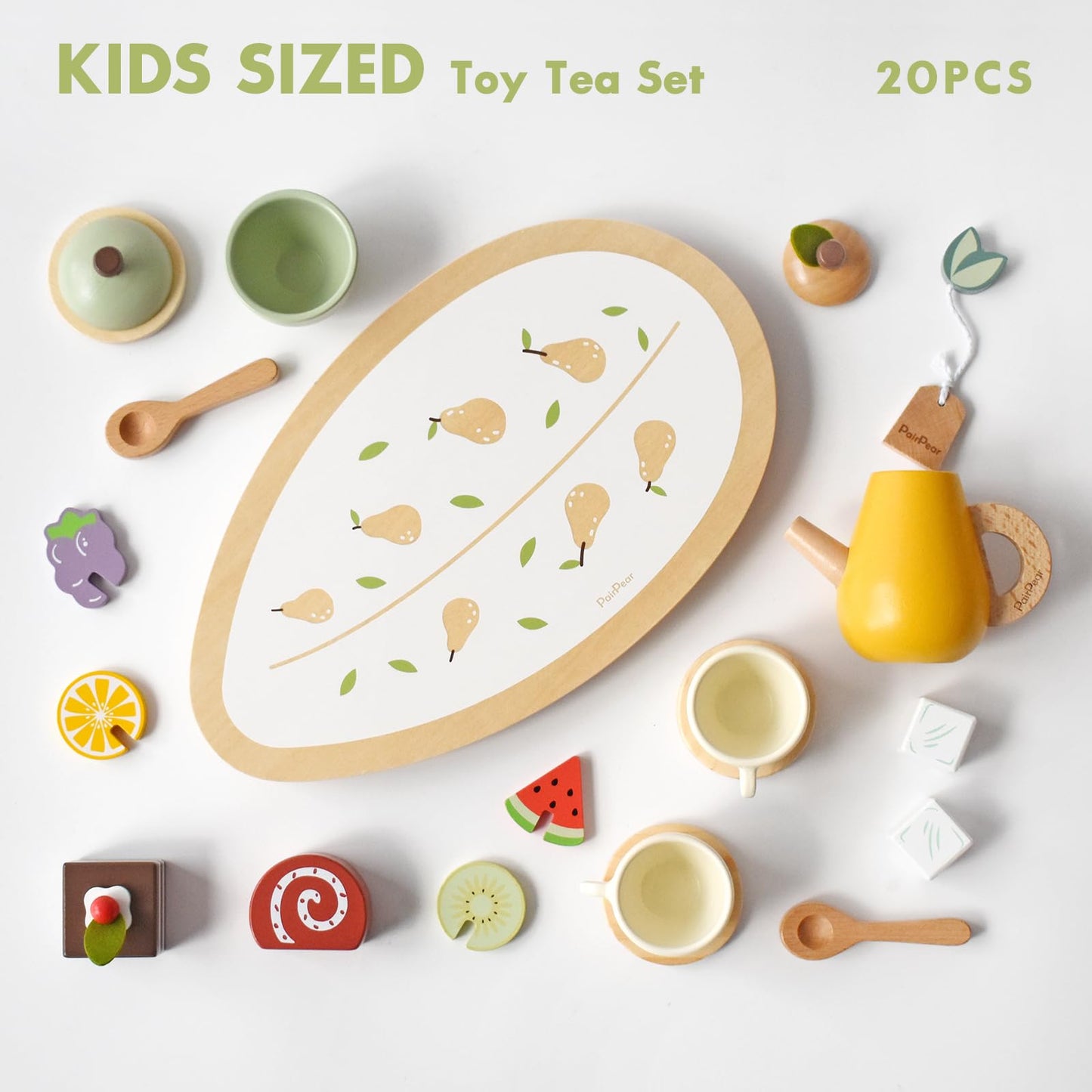 PairPear Wooden Toys Tea Party Set, Toddler Tea Set for Little Girls, Kids Pretend Play Kitchen Accessories, Wooden Play Food To