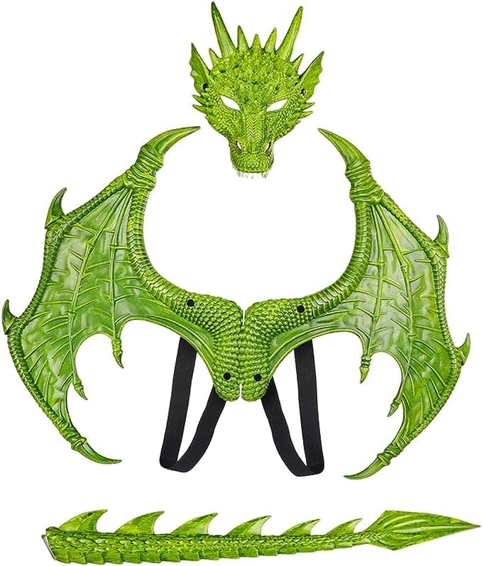 Kids Dinosaur Costume Dress Up Wings Dragon Tail Mask Set Halloween For Children Birthday Party Favors Gifts (Green)