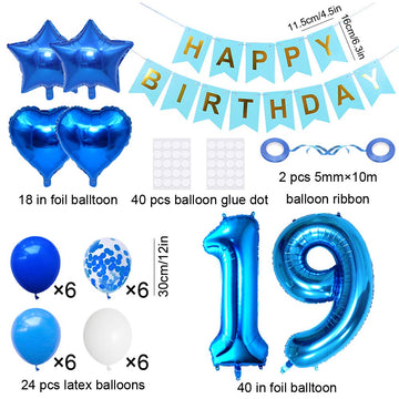 Huture 19 Birthday Party Supplies Blue Number 19 Foil Balloon Happy Birthday Banner Kit 19Th Birthday Decoration White Blue Late