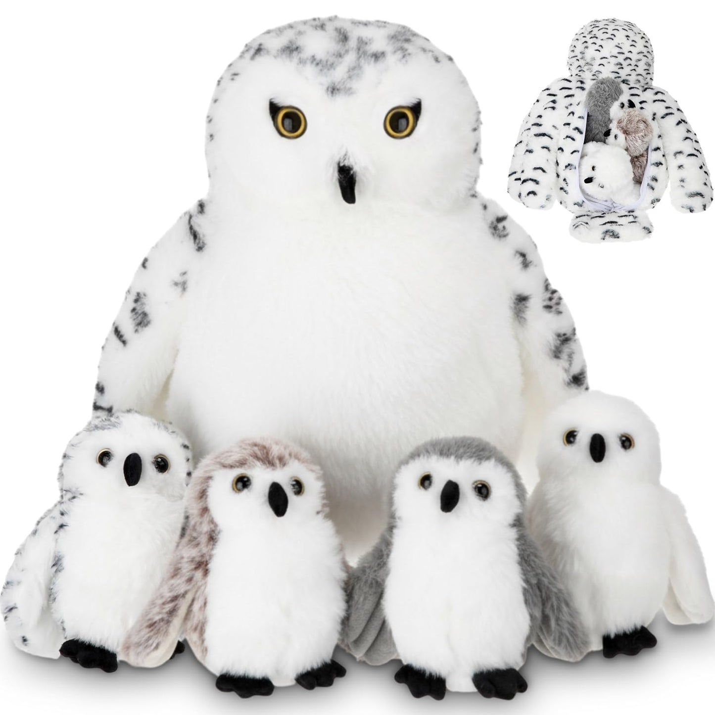Hollowfly 5 Pcs Snowy Owls Plush Toy Gift Set 12.6 Mom Owls with 4 Cute Babies Stuffed Animal in Zippered Back Nurturing Plushes