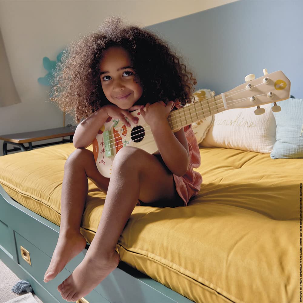 Janod Sunshine Wooden Ukulele - Children's Musical Instrument - Water-Based Paint - One Size - Warm Colors - Model J07636