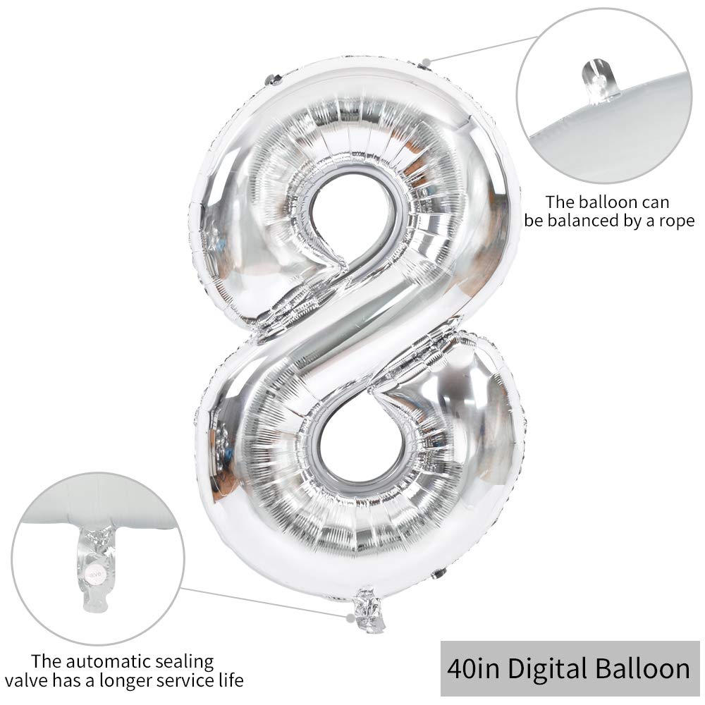 Toniful 40 Inch Silver Large Numbers Balloons 0-9, Number 8 Digital 8 Helium Balloons, Foil Mylar Big Number Balloons For Birthd
