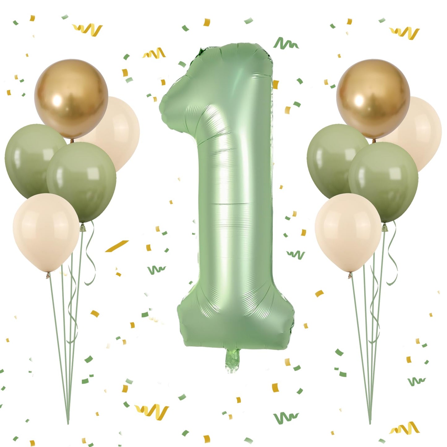 40 Inch Sage Green Number 1 Balloon, Olive Green 1St Birthday Balloons, Retro Sand White Avocado Green Gold Latex Balloons 1 Foi