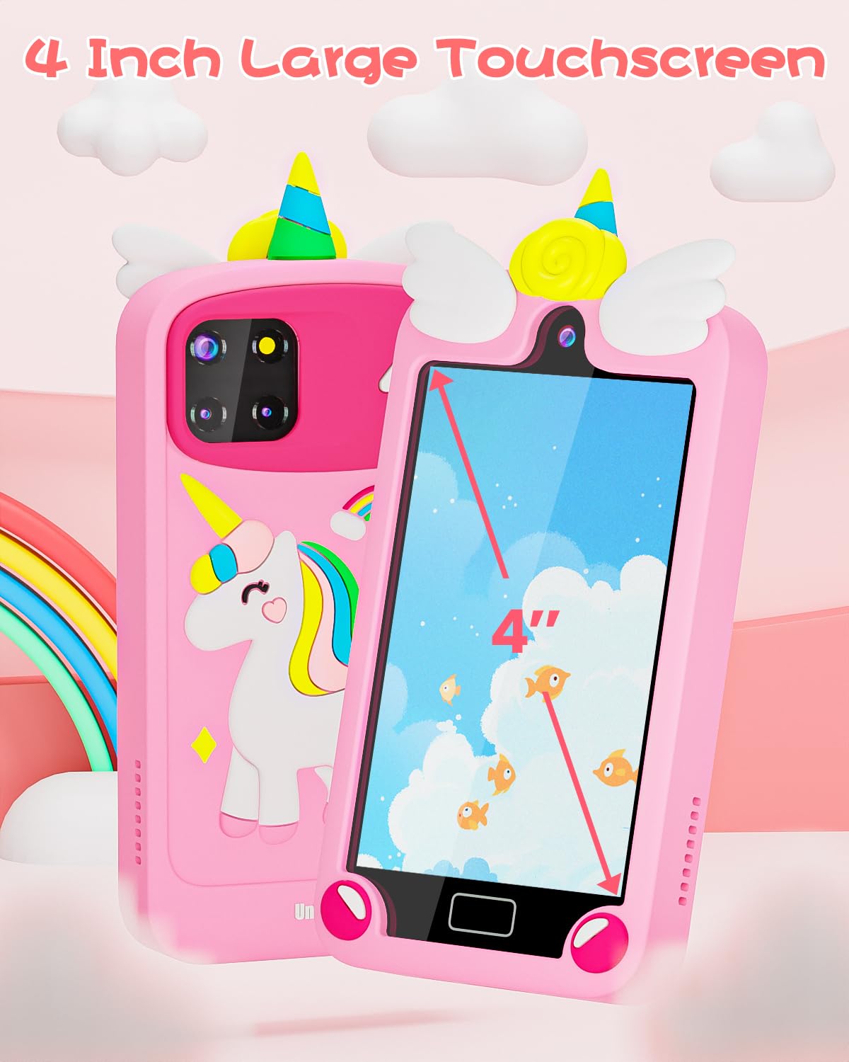 Kids Smart Phone for Girls with 4.0'' Large Touchscreen, 32G Card Christmas Birthday Gifts for Age 3-10 Kid Toys Cell Phone with