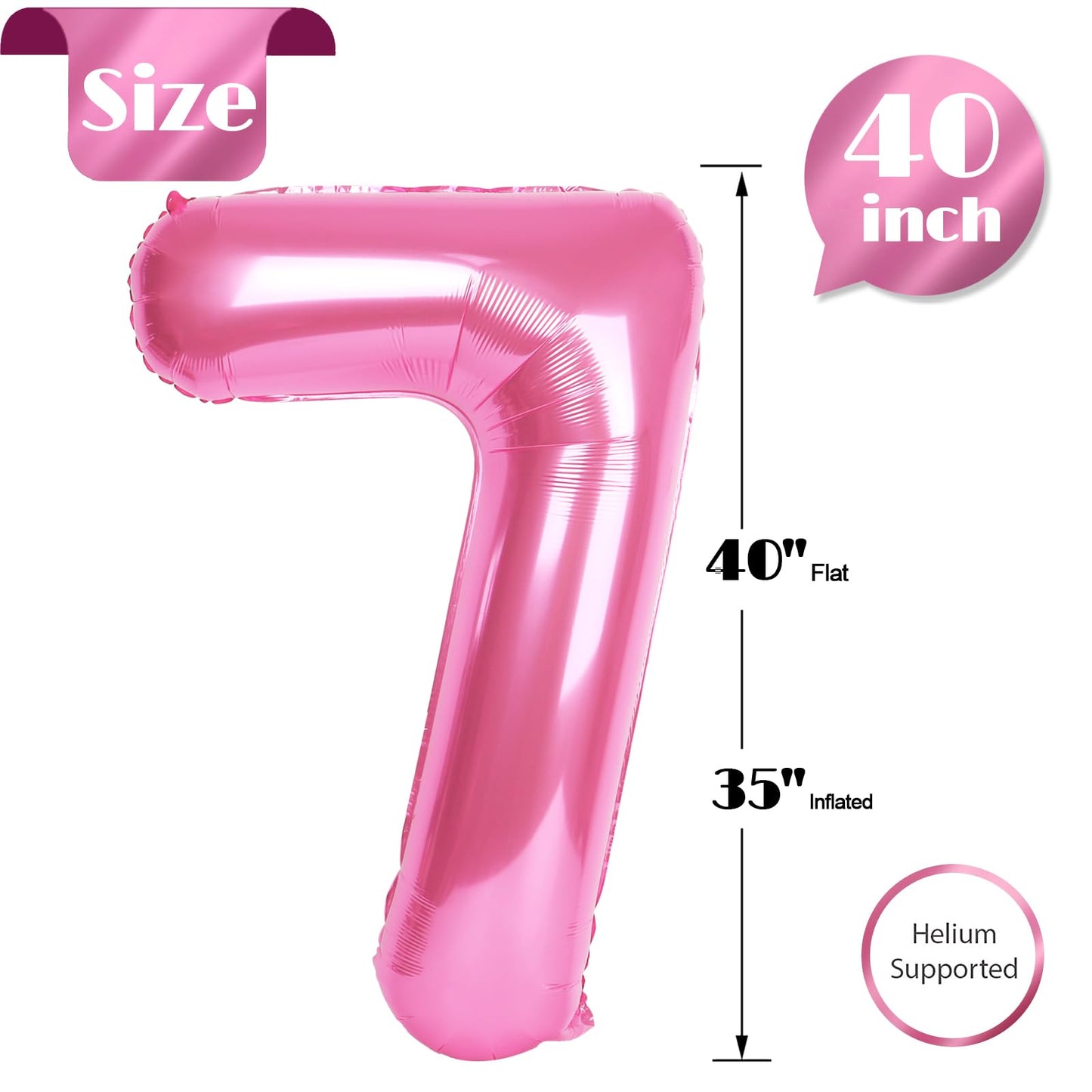 Pink Number 7 Balloon 40 Inch, 7 Balloon Number, 7Th Birthday Decorations, Pink Party Supplies For Boys Girls