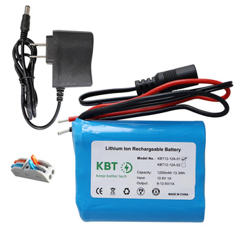 KBT 12V Rechargeable Li-ion Battery Pack with Charger, 1200mAh, Bare Leads for RC Cars, Boats, Robots, DIY, LED Light Kits