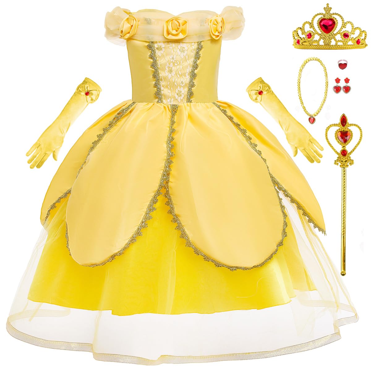 iTVTi Princess Belle Dress up Costume for Girls Yellow Dresses Halloween Cosplay Birthday Outfit with Accessories, Yellow, 4-5 Y