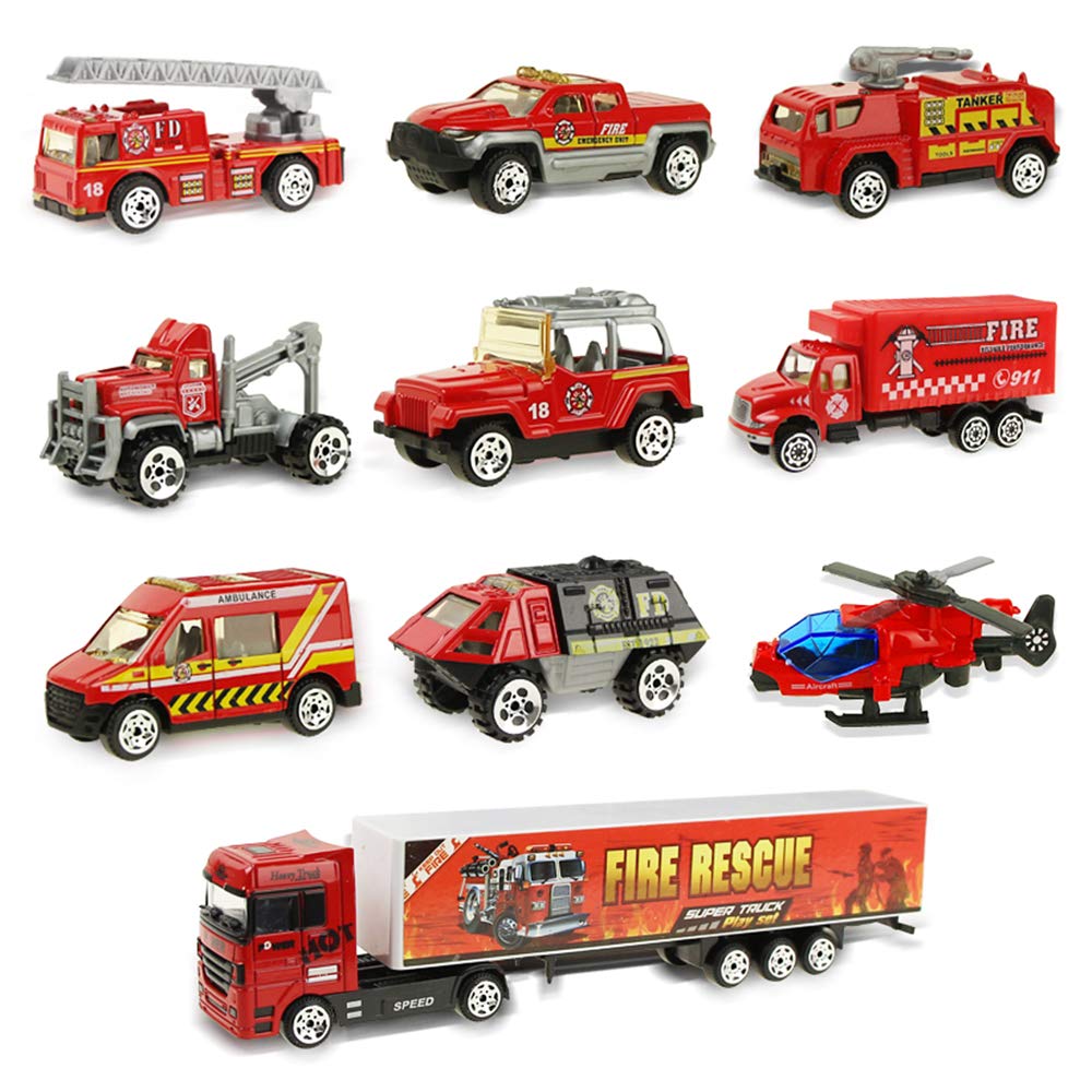 Coolplay Fire Truck Toy Set for Kids, Toy Vehicles Carrier Truck with Die-cast Cars, Rescue Firetruck for Boys 3-6 Years Old