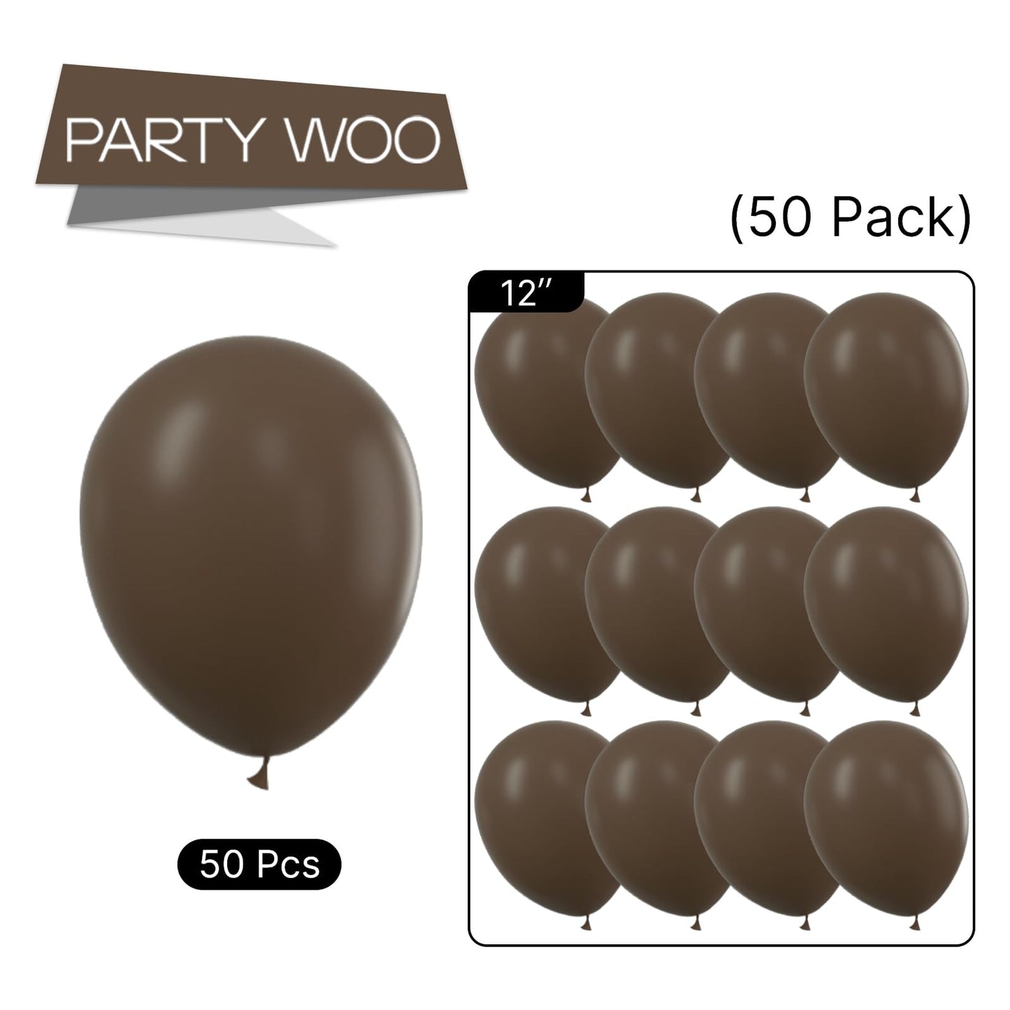 PartyWoo Dark Brown Balloons, 50 pcs 12" Rubber Balloons for Party Decorations, Birthday & Baby Shower, Brown-F20