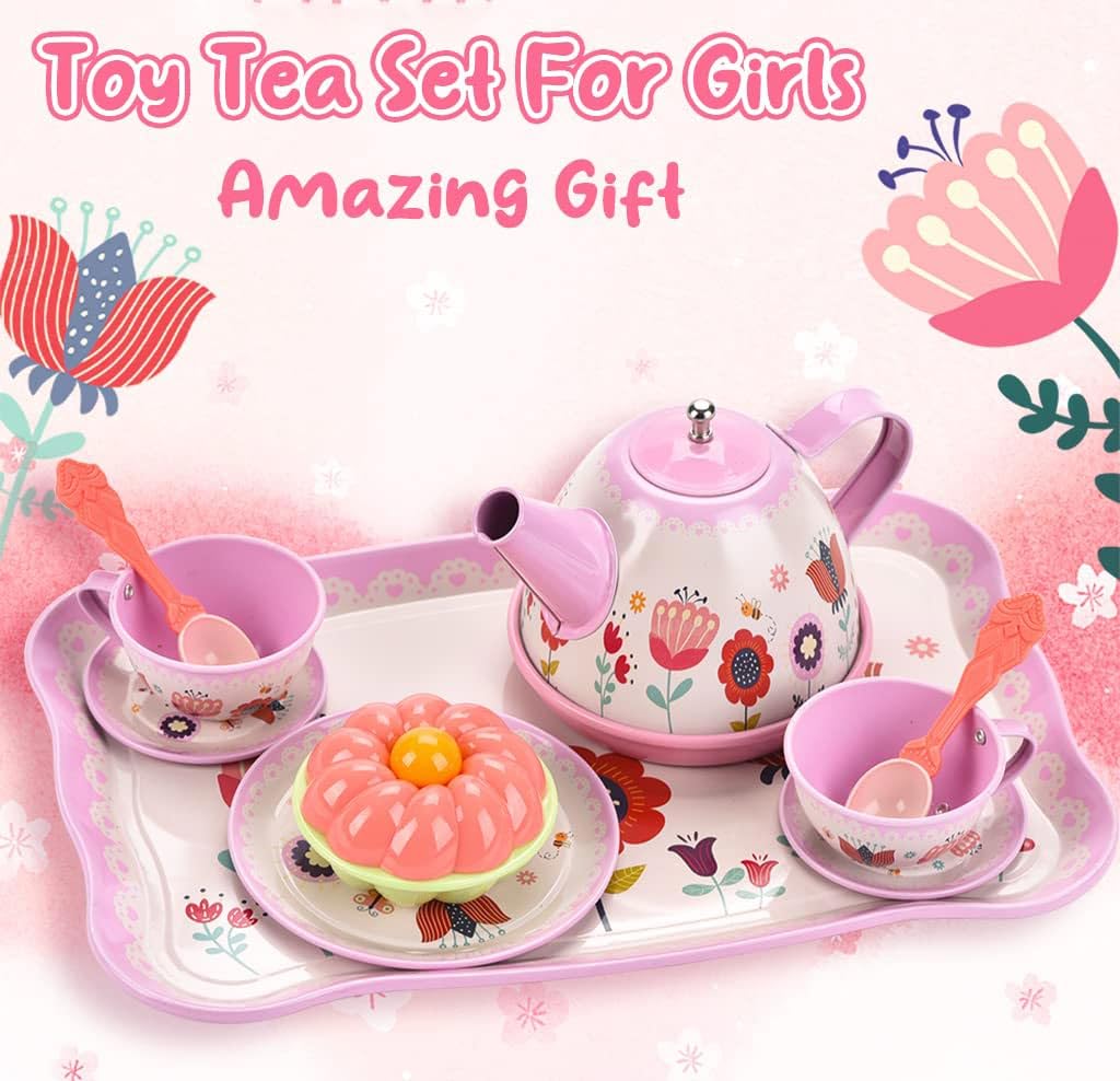 Pretend Play Tea Set for Little Girls, Gift for Age 3 4 5 6 Year Old, Toddler Toys Tea Party Set for Girls, Lajeje 19 PCS Tea Pa