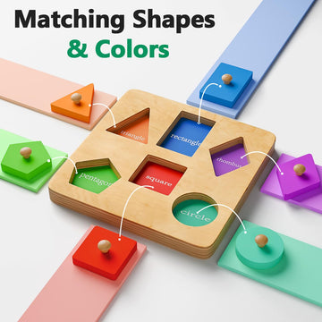 Edujoy Wooden Shapes Puzzles For Toddlers 1-3, Montessori Toys For 1 2 Year Old Boy Birthday Gifts, Shape Color Match Peg Puzzles, Learning Educational Toys For Toddlers Age 1 2 Year Old Girl