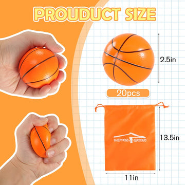 Lovestown 2.5 Inch Basketball Stress Balls, 20Pcs Mini Basketballs Soft Foam Basketball Squishies Small Squeeze Balls Stress Anxiety Relief Balls For Sports Theme Basketballs Party Favors School