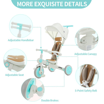 JMMD Baby Tricycle, 7-in-1 Multifunctional Kids Trike with Adjustable Parent Handle, Safety Harness & Wheel Brakes, Removable Ca