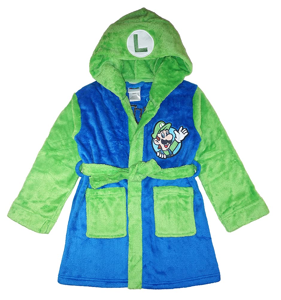 Super Mario Little/Big Boys' Soft Hooded Fleece Sleepwear Bathrobe - Plush Robe For Kids, Luigi, 10/12