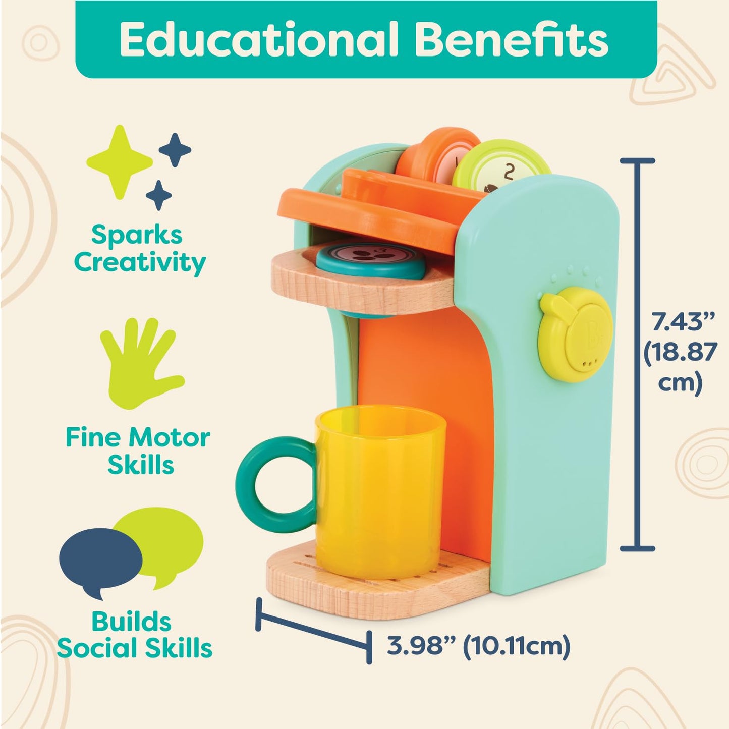 B. toys- Caf au Play- Pretend Play Wooden Coffee Maker for Kids- Wooden Coffee Machine Set - 10 Pretend Play Accessories - Kit