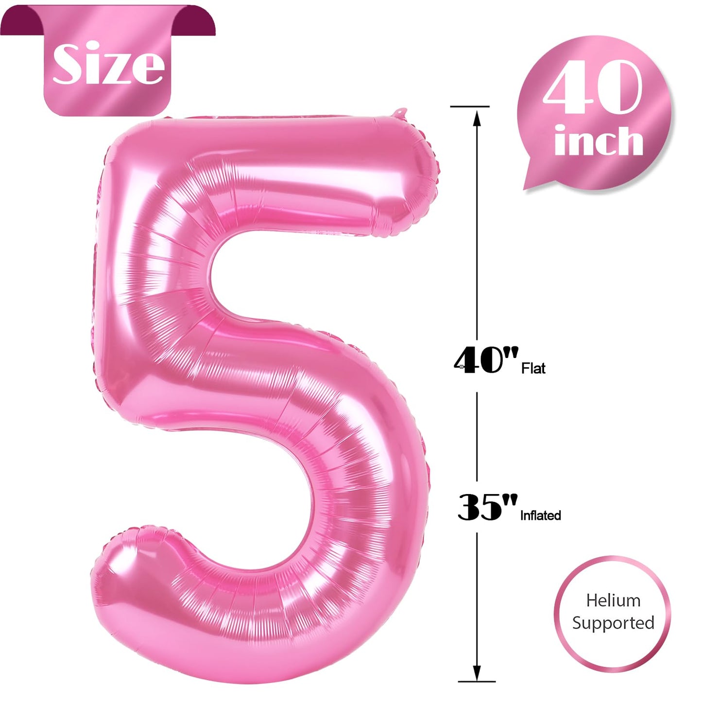 Pink 5 Balloon, Number Balloons 40 Inch, 5Th Birthday Balloon Decorations, Pink Party Supplies, 5 Number Balloons, Number 5 Ball