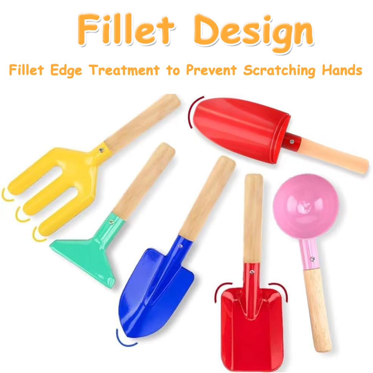 Beach Toys for Kids, 6Pcs 8'' Kids Gardening Tools Sand Toys Set, Metal Garden Tools with Sturdy Wooden Handle, Cylinder, Spoon,