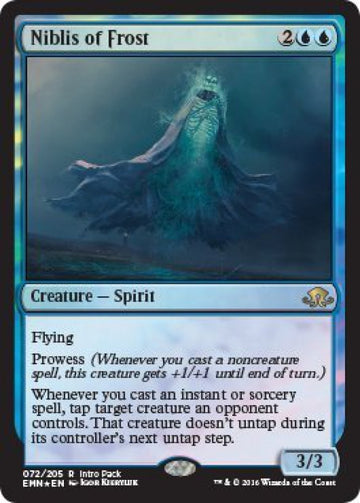 Magic The Gathering: Mtg Eldritch Moon: Intro Pack/Theme Deck: Dangerous Knowledge (Includes 2 Booster Packs & Alternate Art Premium Rare Promo) Blue/Red - Niblis Of Frost