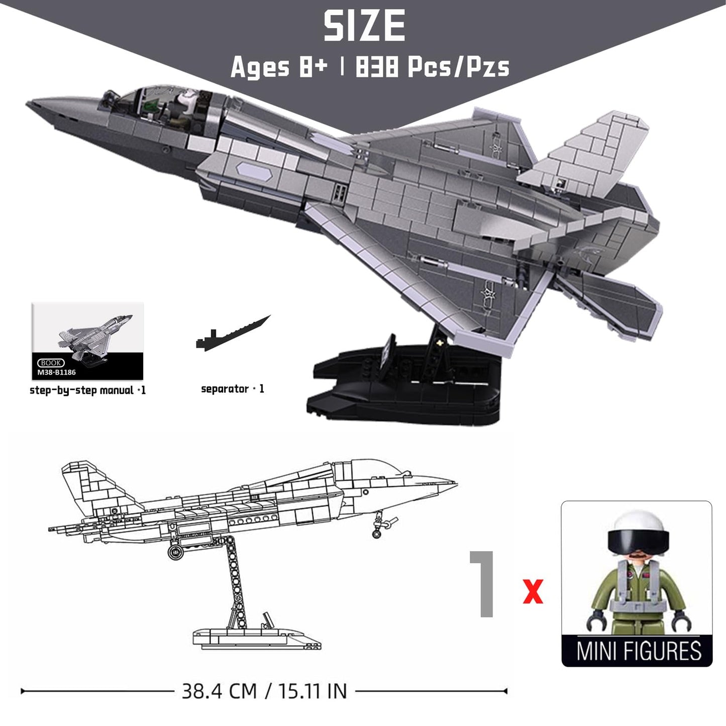 Tarcury J-35 Fighter Aircraft Building Kit - 1:44 Scale, 838 Pcs Military Army Toy Set With 1 Toy Soldier & Display Stand - Idea