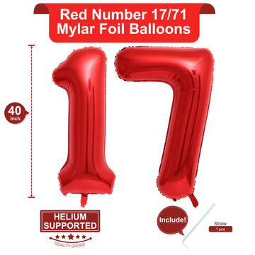 LHOAVWE 40 Inch Red 17 Foil Mylar Number Balloons - Jumbo 17th Birthday Party Decorations