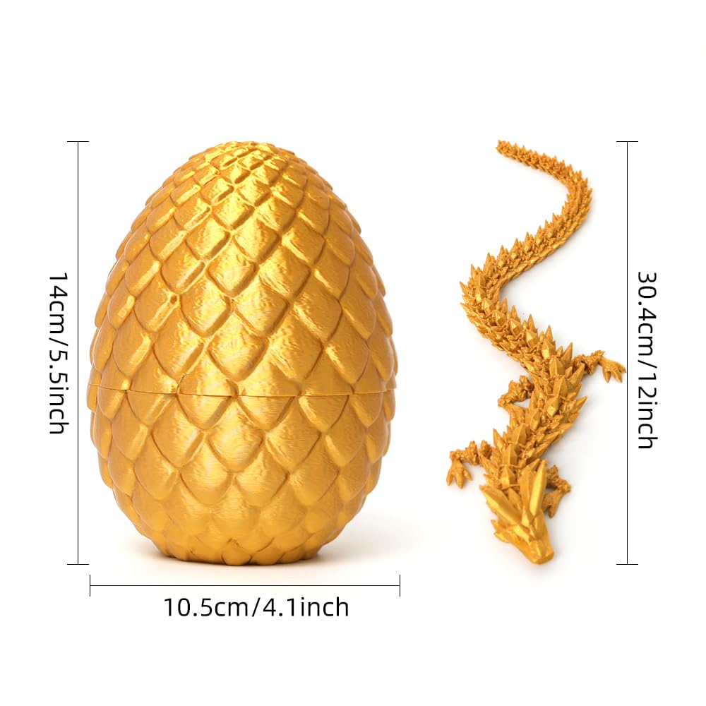 Flavery Dragon Egg - Gold - 3D Printed Egg With Flexible Pearly Sheen Dragon Inside, 3D Printed Surprise Gift, Articulated Drago