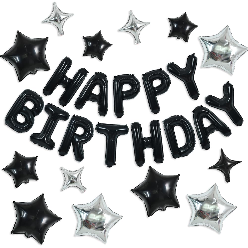 Toniful 35Pcs Black Happy Birthday Decorations Kit 16 Inch Happy Birthday Balloon Banner With Star Balloons Mylar Foil Birthday
