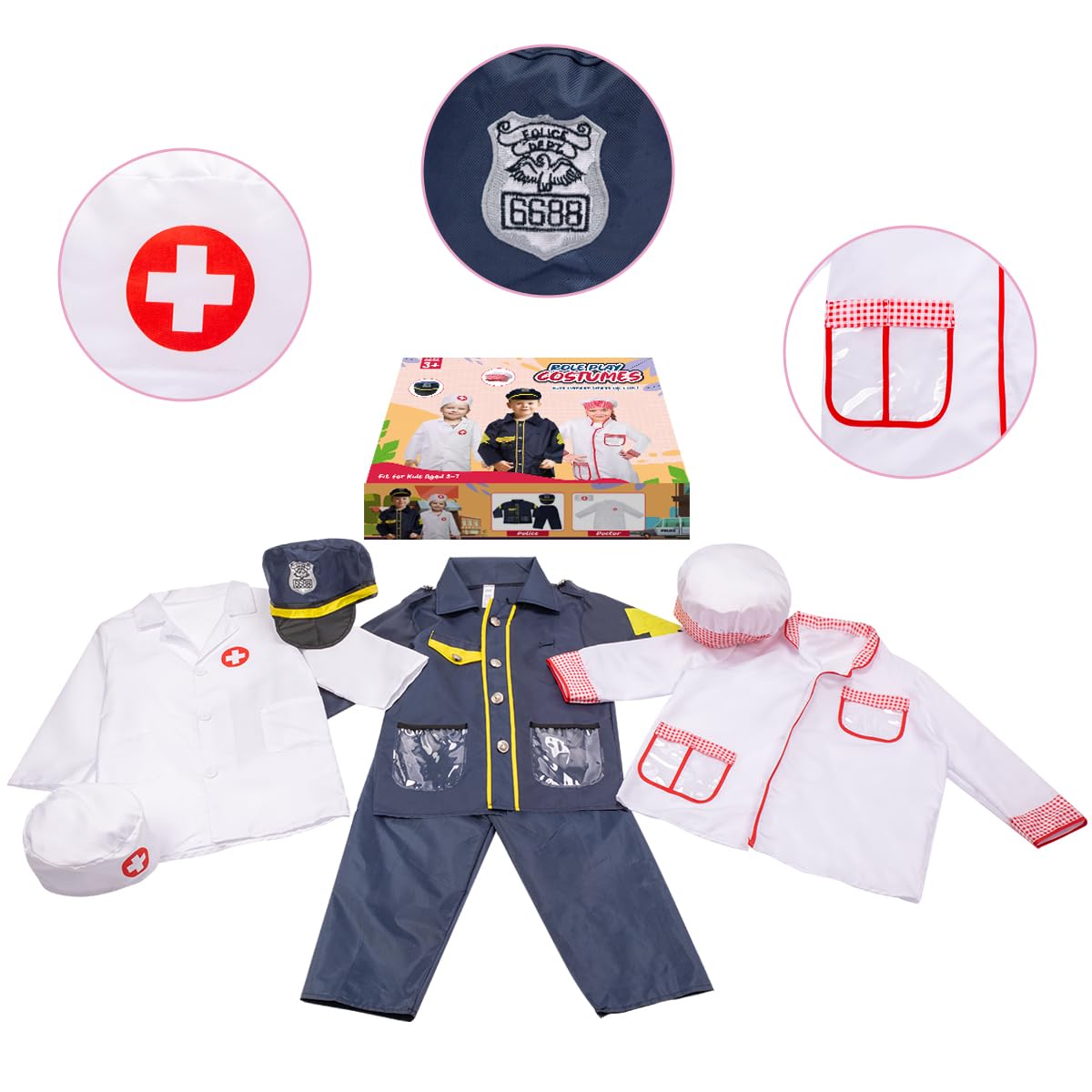 Loyo Kids Role Play Dress Up Clothes For 3-8 Years Old Play, 3 Sets Policeman/Chef/Doctor Costume For Kids And Toddlers Boys And Girls Halloween Costumes