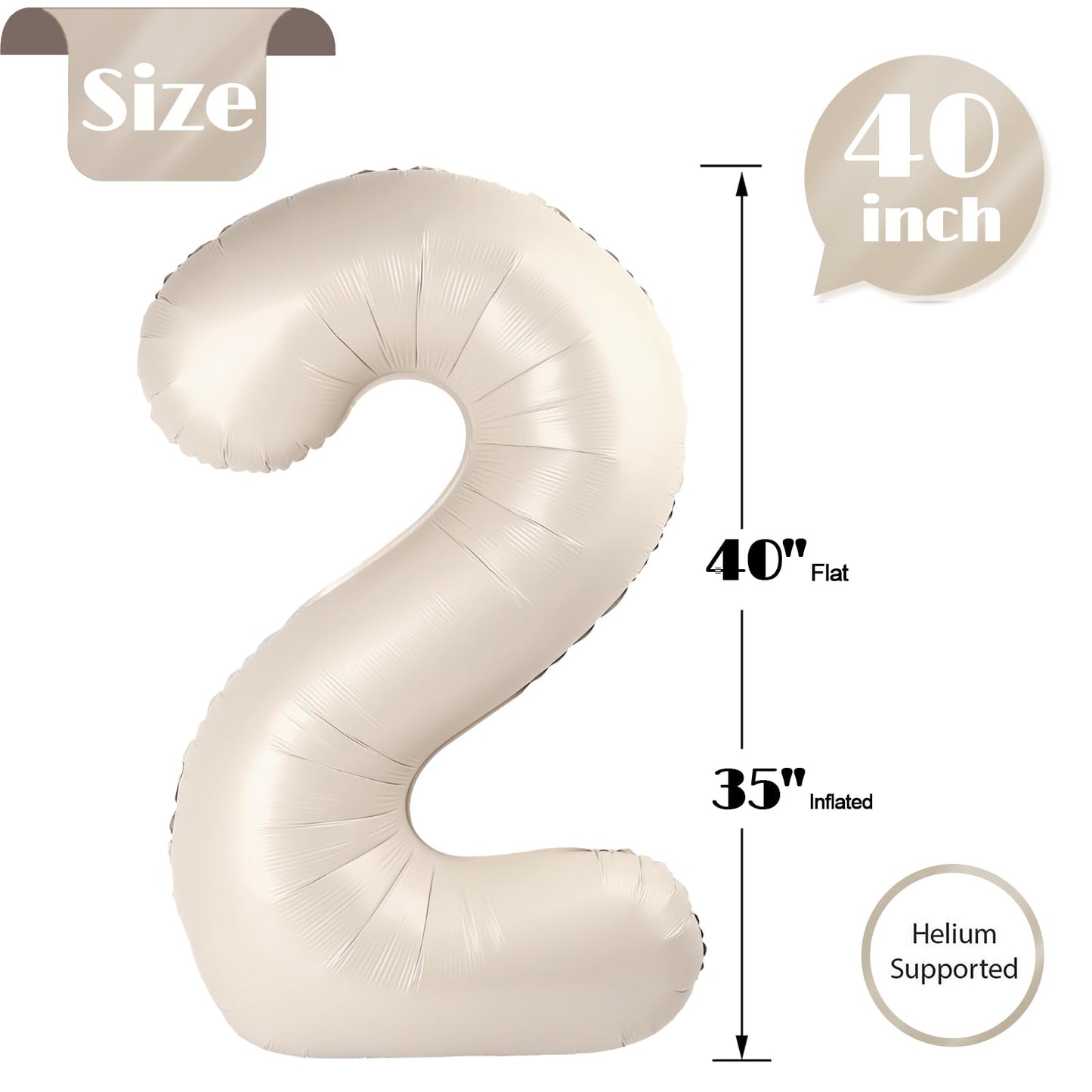 Cream Number 2 Balloon 40 Inch, 2 Balloon Number, 2Nd Birthday Decorations For Baby Girls Boys Toddlers