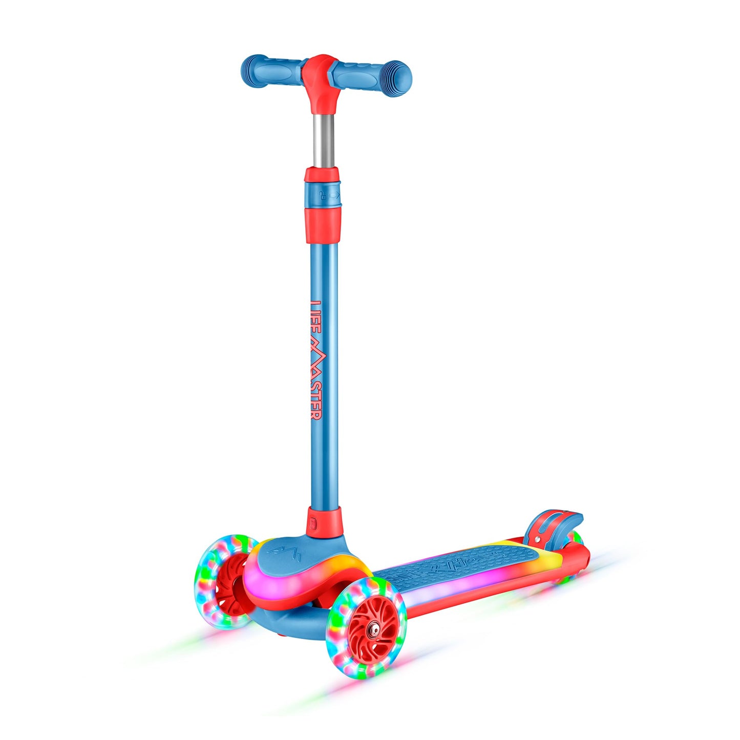 Lifemaster 3-Wheel Kids Scooter With Multi-Color Lights On Deck & Wheels - 5-Height Handlebar, Wide Anti-Slip Deck, Child Safety