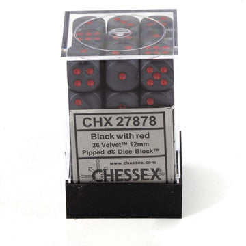 Chessex Velvet Black with Red d6 Dice Set - 12mm, Plastic, 36 Six-Sided Dice