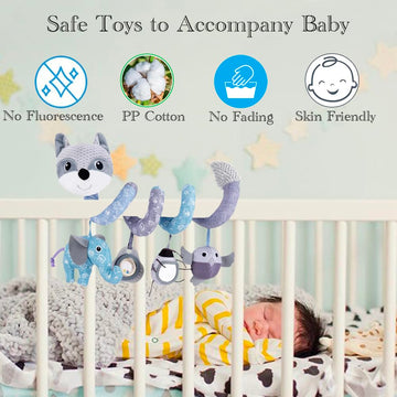 ORZIZRO Baby Plush Spiral Hanging Toys - Medium Gray, Musical Owl & Squeaker Elephant for Stroller, Crib, Car Seat & Bassinet