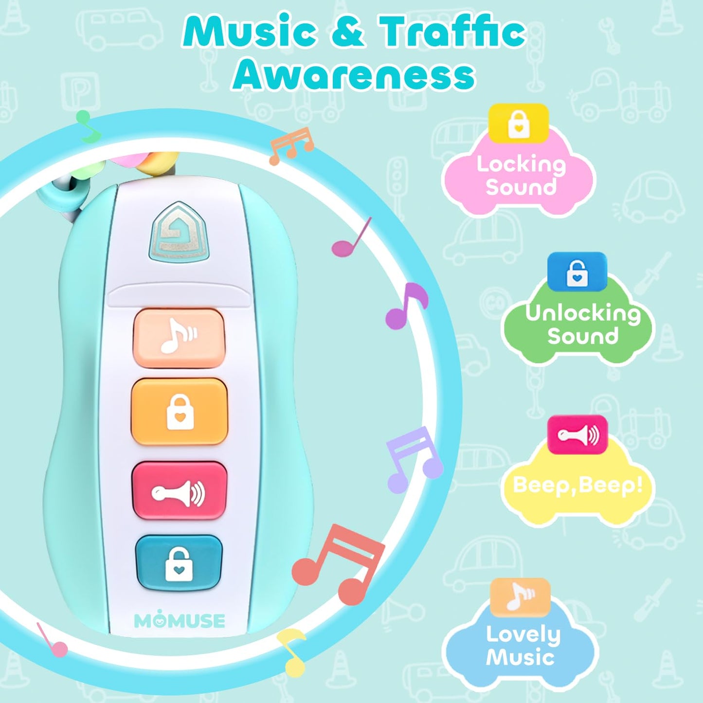 Momuse Baby Teething Relief Toys For 6-12 Months, Baby Teether Keys Car Musical Toy For 6 9 12 18 36 Months, Food Grade Silicone