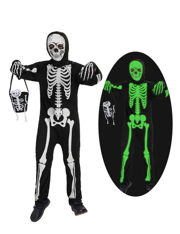 qqpouc Halloween skeleton costume kids glow in the dark skeleton costume on both sides Skuller candy bag for boys and grils